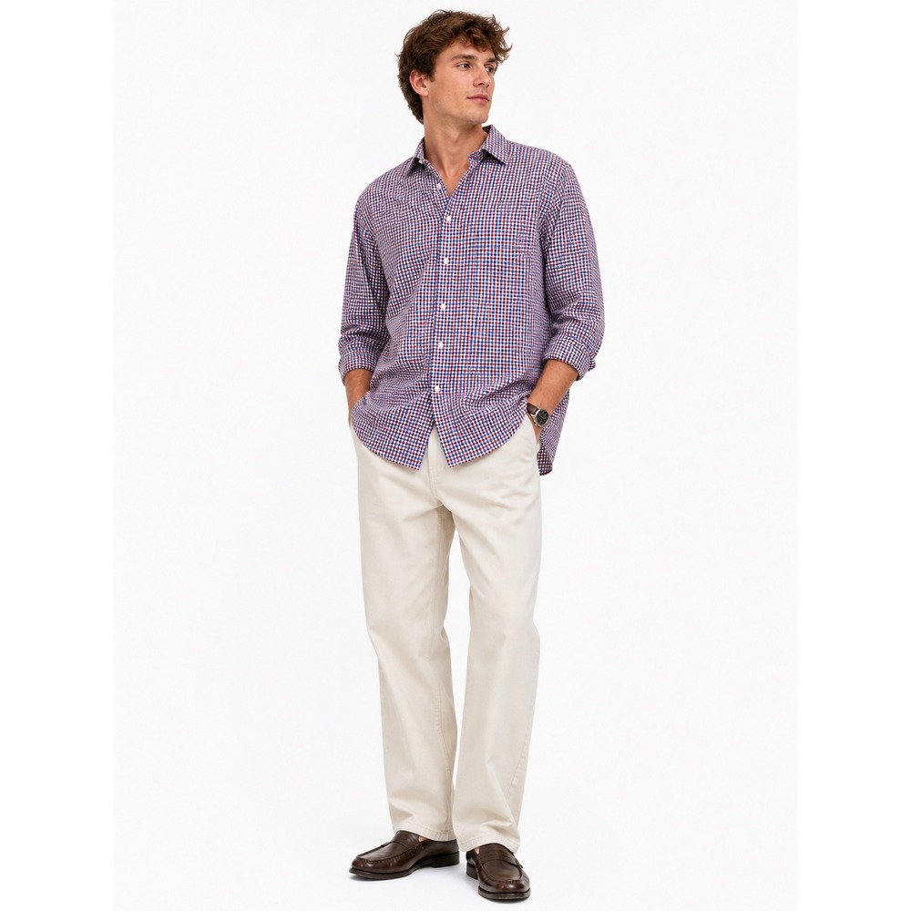 Fairlane & Sons Button Down Mens L Tall Red Blue Gingham Wrinkle Free Shirt